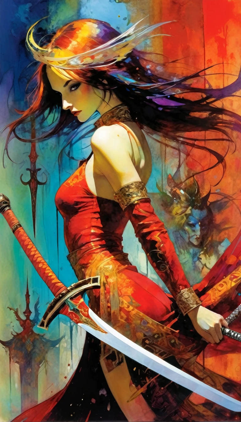 luxurious sword, artwork inspired by Bill Sienkiewicz, vivid colors, intricate details, oil.
