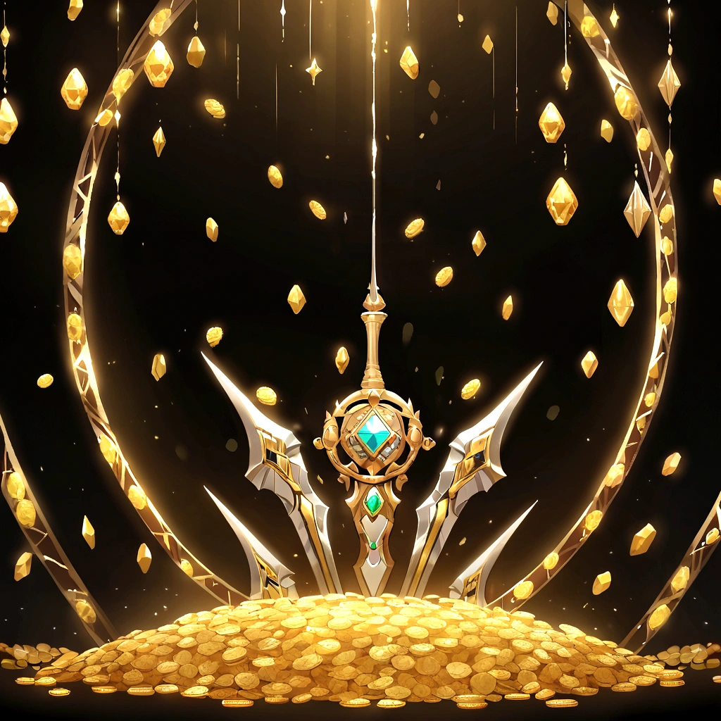 (UI interface design for game achievement badges),silver sword,Flat 2D effect,(gold coins on the background) , (gemstones on the background) , color yellow, black background