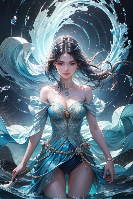 "Create an ultra-realistic image of a beautiful 21-year-old girl holding a magical staff that radiates the essence of water. She should be dressed in an elegant, blue shaded outfit that reflects her deep connection to the element of water. Surround her with elements of water, such as cascading waves, shimmering droplets, and serene reflections, to showcase her mastery over this element. Include a distinct water symbol on her body, signifying her role as the keeper of water and illustrating the powerful, fluid energy of water she possesses within her."