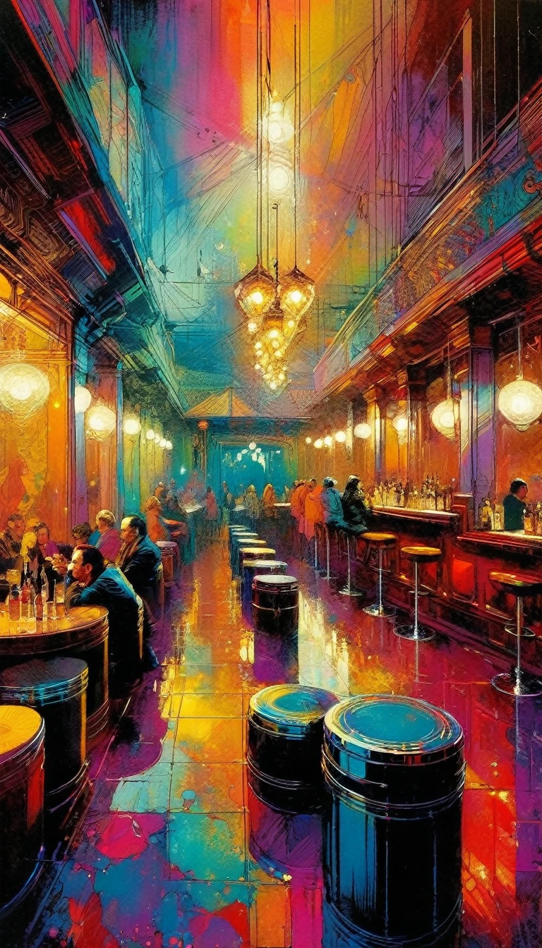 club, artwork inspired by Bill Sienkiewicz, vivid colors, intricate details, oil.