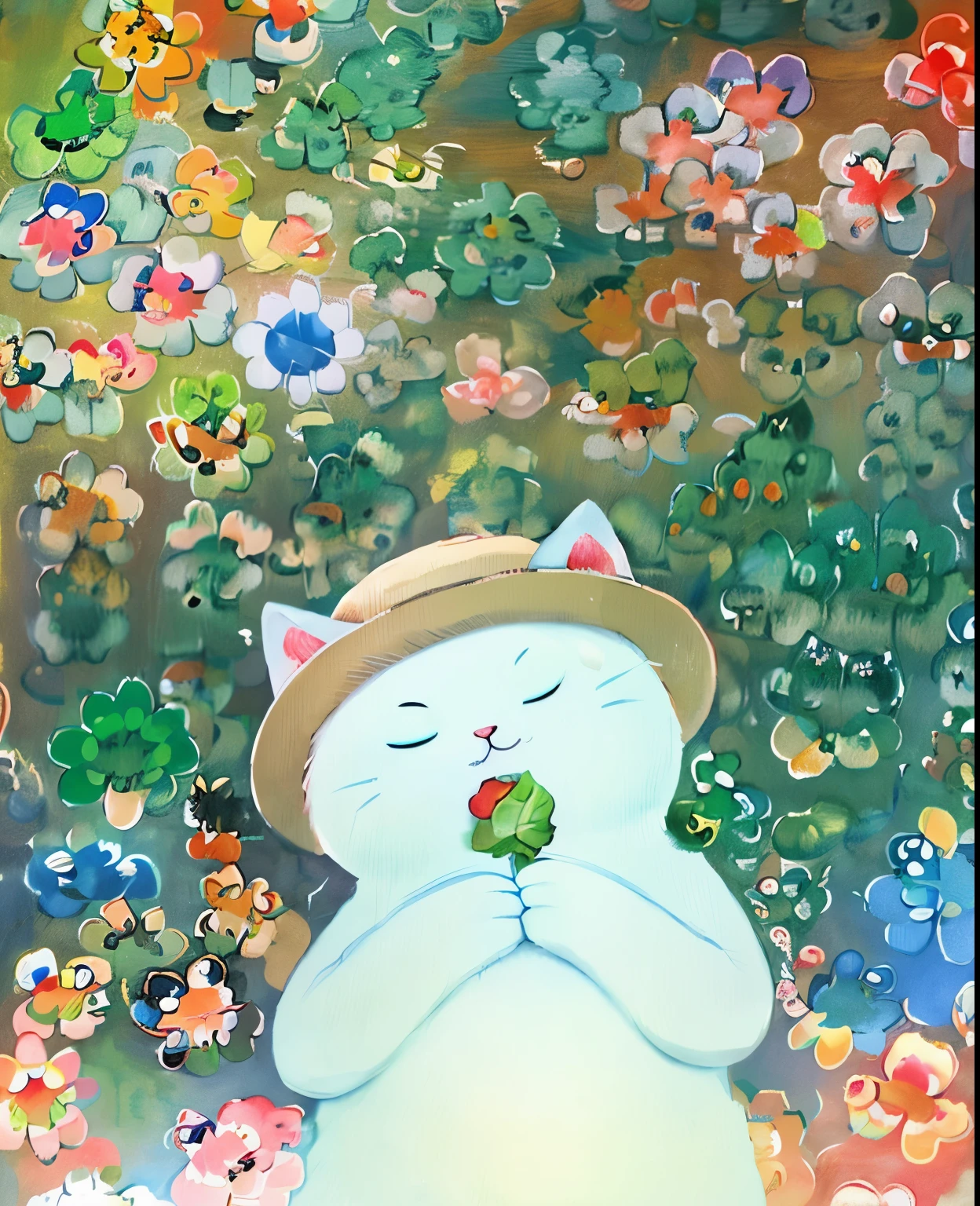 painting of a cat with a hat and a leaf in its mouth, green blessing, by Chiho Aoshima, kawaii cat, anime visual of a cute cat, cute artwork, by Yuko Tatsushima, by Yukimasa Ida, by Eizan Kikukawa, cute illustration, by Mei Qing, cute digital art, by Ma Yuanyu