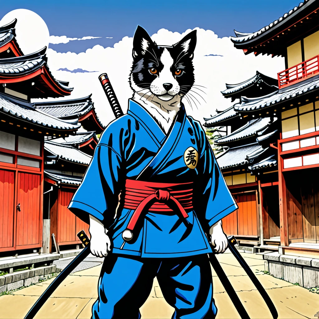 arte em tinta fina, comic style, portrait of japan, and cat ninja and Samurai dog terrier, Glamour de Osaka, bela arte de linha, comic style, manga style, manga art style, pencil and ink caricature drawing, coloring, , other positions, corpo inteiro. Japan Background, Samurai dog terrier and cat ninja, desenho colorido. Old japan sity in background