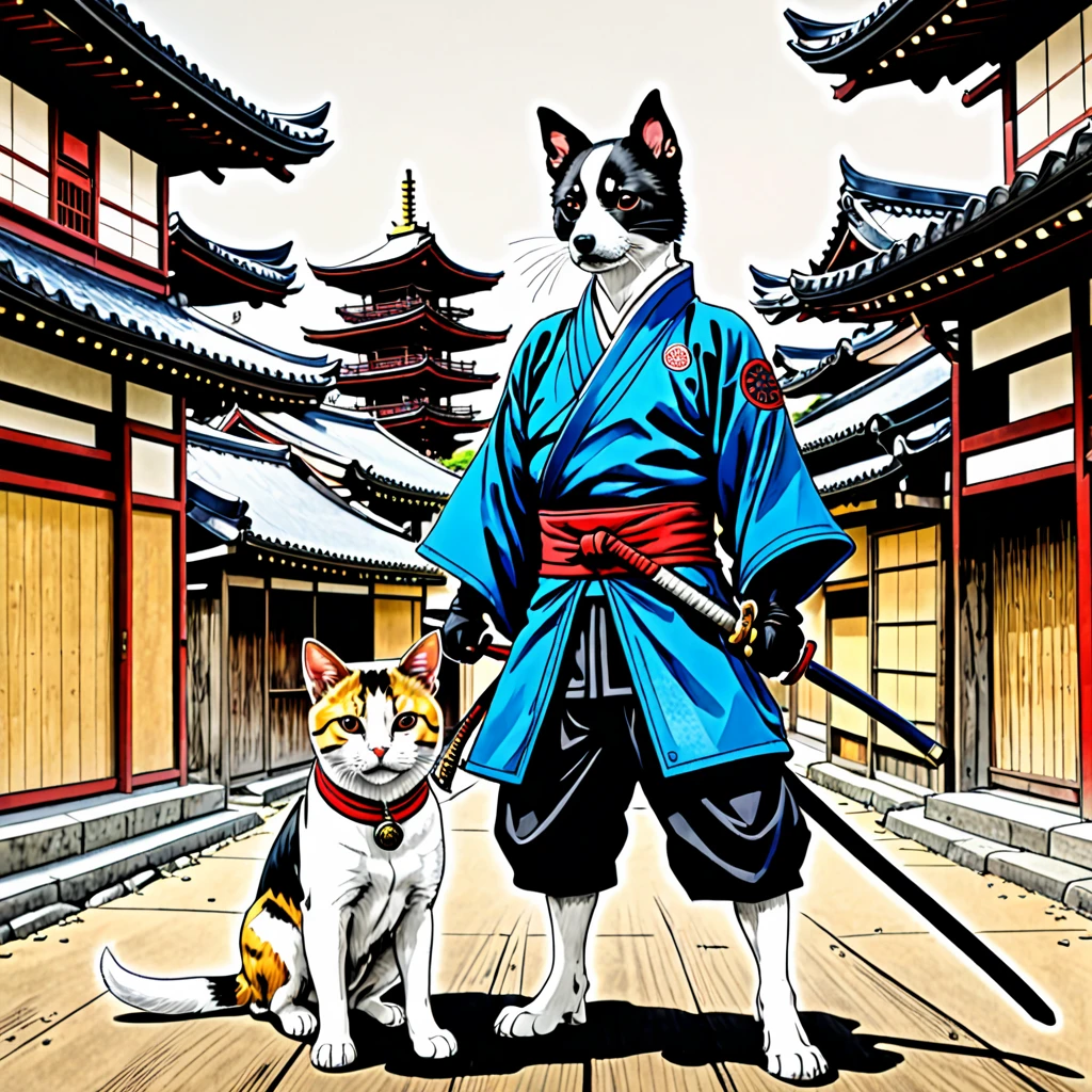 arte em tinta fina, comic style, portrait of japan, and cat ninja and Samurai dog terrier, Glamour de Osaka, bela arte de linha, comic style, manga style, manga art style, pencil and ink caricature drawing, coloring, , other positions, corpo inteiro. Japan Background, Samurai dog terrier and cat ninja, desenho colorido. Old japan sity in background