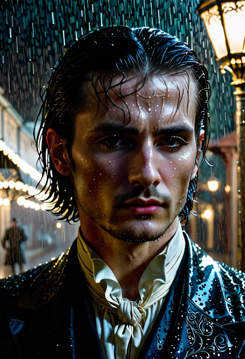 
A Handsome gothic man stands alone in the rain at night in a dynamic pose. His expression is sorrowful, his eyes reflecting deep sadness. The scene is dark and moody, with rain droplets softly blurred in the background. His pale skin contrasts sharply with his long dark, wet hair that clings to his face. he's wearing a 18th century black suit with intricate patterns. The focus is sharply on his face, capturing the intricate details of his melancholic expression, while the background remains out of focus, enhancing the sense of isolation and depth. The soft glow of distant streetlights barely illuminates him, adding a mysterious and ethereal atmosphere to the scene.