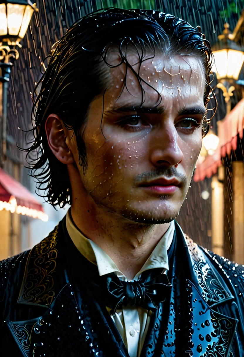 
A Handsome gothic man stands alone in the rain at night in a dynamic pose. His expression is sorrowful, his eyes reflecting deep sadness. The scene is dark and moody, with rain droplets softly blurred in the background. His pale skin contrasts sharply with his long dark, wet hair that clings to his face. he's wearing a 18th century black suit with intricate patterns. The focus is sharply on his face, capturing the intricate details of his melancholic expression, while the background remains out of focus, enhancing the sense of isolation and depth. The soft glow of distant streetlights barely illuminates him, adding a mysterious and ethereal atmosphere to the scene.