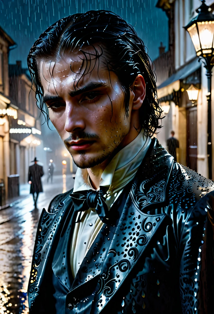 
A Handsome gothic man stands alone in the rain at night in a dynamic pose. His expression is sorrowful, his eyes reflecting deep sadness. The scene is dark and moody, with rain droplets softly blurred in the background. His pale skin contrasts sharply with his long dark, wet hair that clings to his face. he's wearing a 18th century black suit with intricate patterns. The focus is sharply on his face, capturing the intricate details of his melancholic expression, while the background remains out of focus, enhancing the sense of isolation and depth. The soft glow of distant streetlights barely illuminates him, adding a mysterious and ethereal atmosphere to the scene.