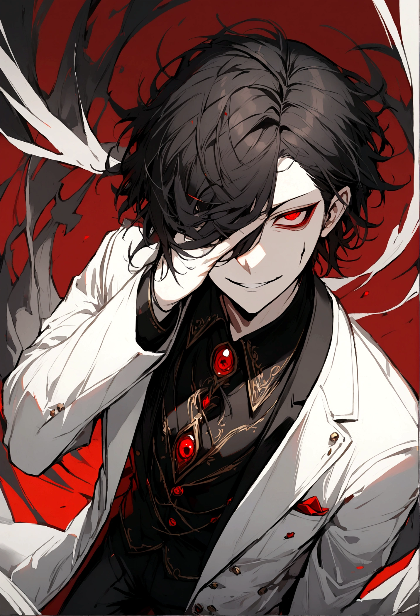 1boy, white hair and abit black hair, bangs covering one eye, red eye, white coat, black suit, black pants, mysterious smile, evil