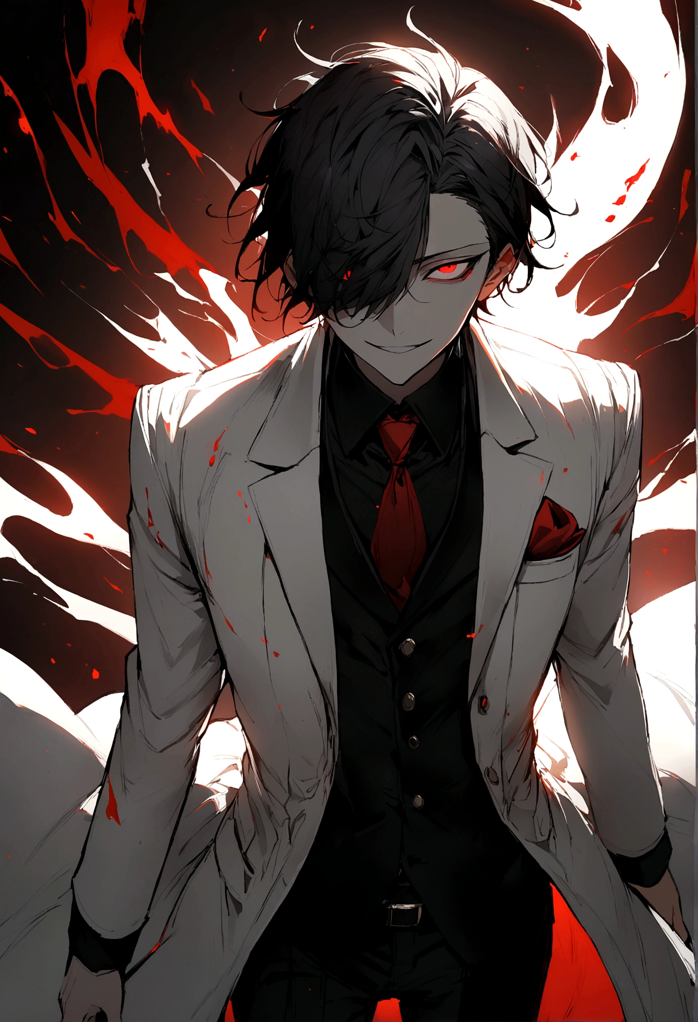 1boy, white hair and abit black hair, bangs covering one eye, red eye, white coat, black suit, black pants, mysterious smile, evil
