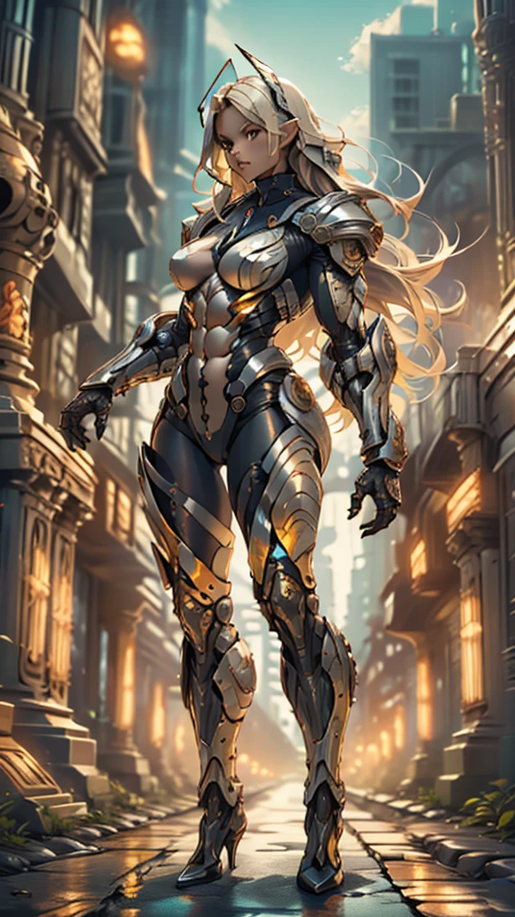 score_9, score_8_up, score_7_up, score_6_up, score_5_up, score_4_up, (1girl), solo, insect-like antennae, medium breasts, athletic, view of full body, alien armor, bionic hands, beautiful, female, long hair, vector, cute, natural light, long blonde hair, muscular, holding revolvers