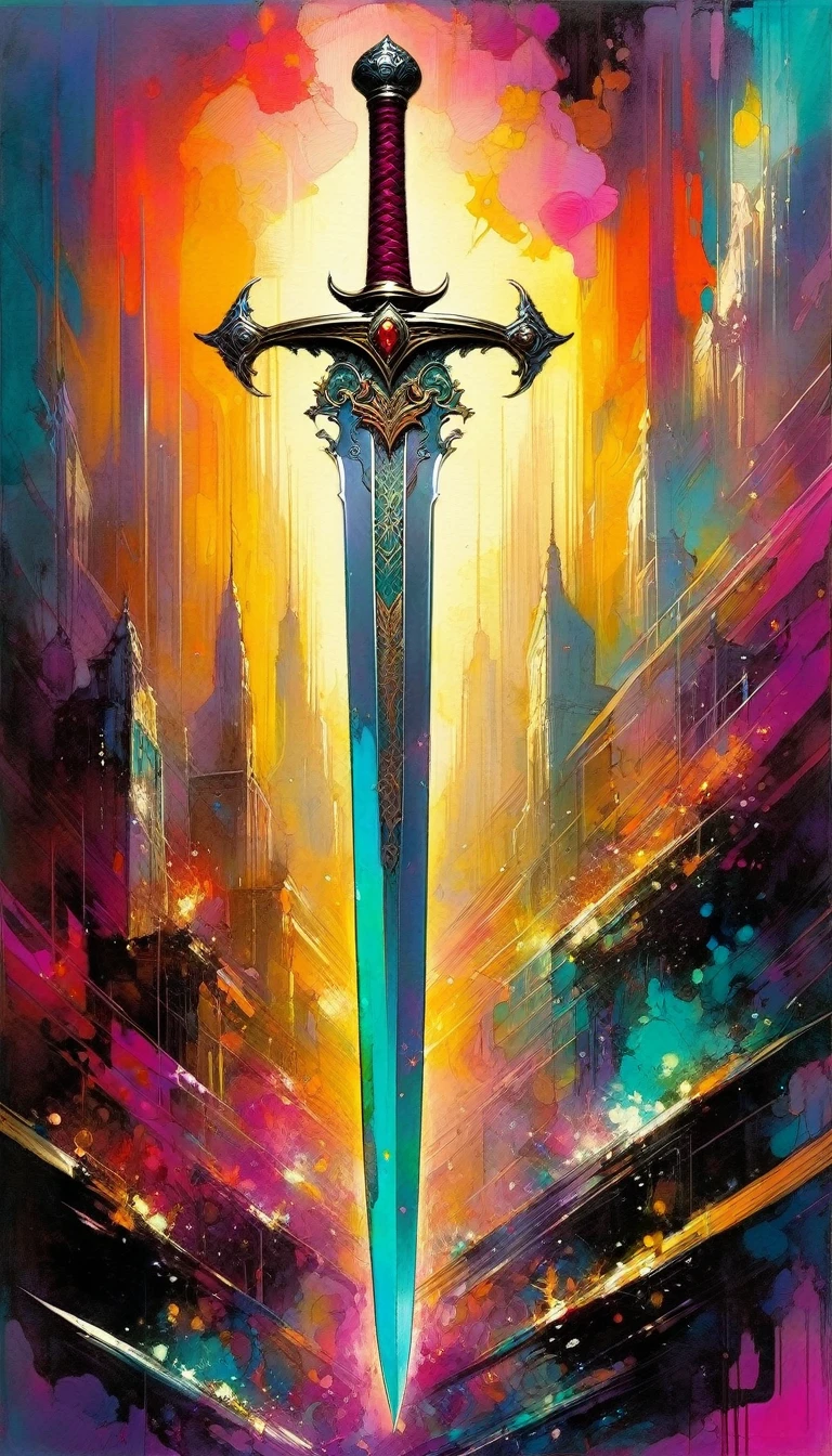 luxurious sword, artwork inspired by Bill Sienkiewicz, vivid colors, intricate details, oil.