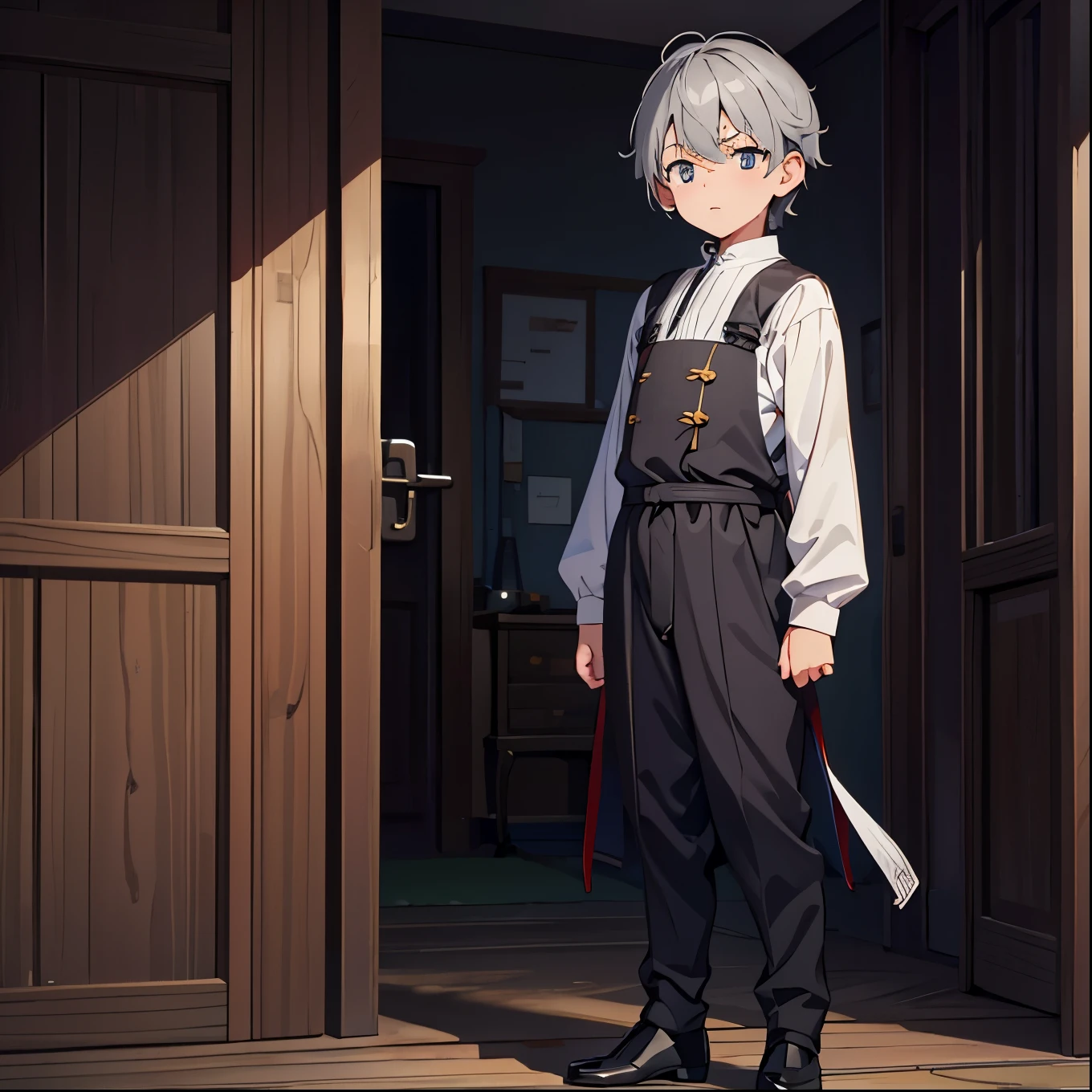 high resolution, 4k, 8k, standing, 1 male, little kid, grey hair, nobleman attire