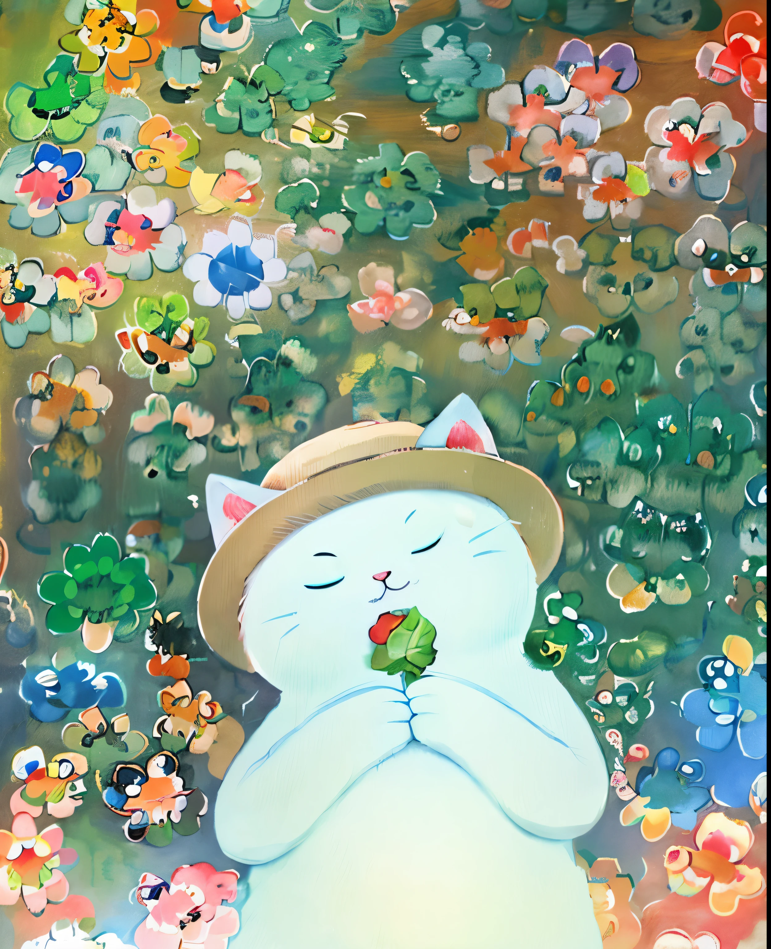painting of a cat with a hat and a leaf in its mouth, green blessing, by Chiho Aoshima, kawaii cat, anime visual of a cute cat, cute artwork, by Yuko Tatsushima, by Yukimasa Ida, by Eizan Kikukawa, cute illustration, by Mei Qing, cute digital art, by Ma Yuanyu