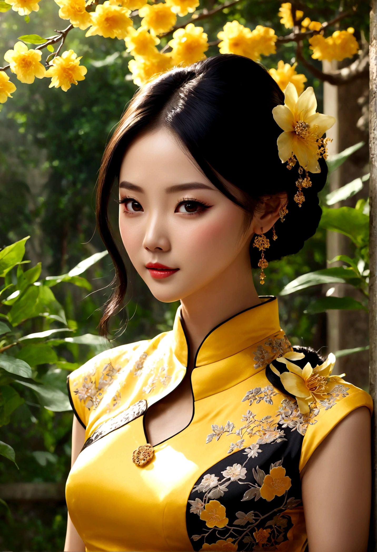 1girl, Cheongsam, Qipao, A woman wearing a beautiful yellow cheongsam, long black hair, elegant, graceful pose, detailed facial features, glowing skin, ornate jewelry, outdoor garden setting, sunlight filtering through trees, lush greenery, intricate floral patterns, cinematic lighting, highly detailed, 8k, masterpiece, best quality, very aesthetic, absurdres