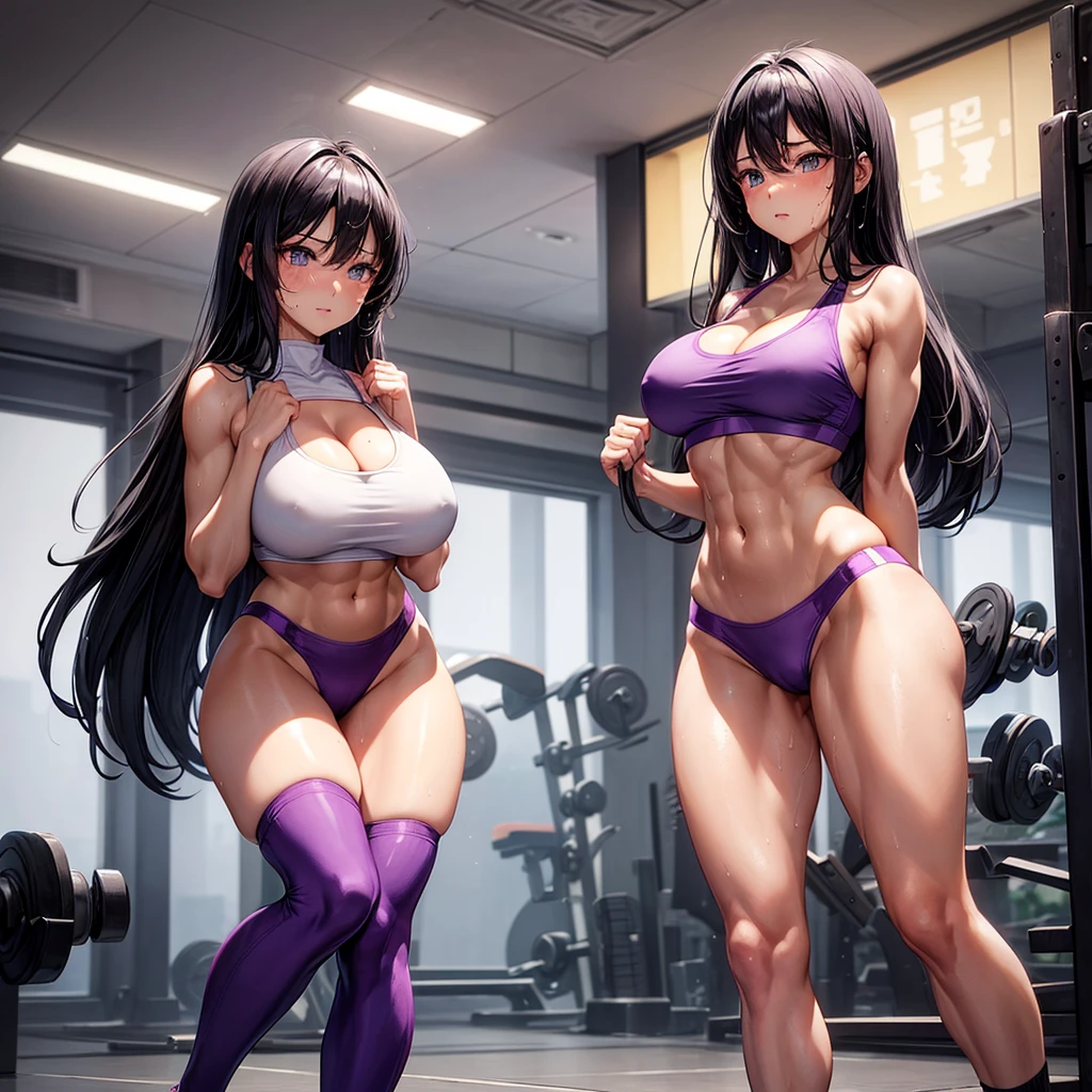 beautiful girl、Big Breasts、Black Hair、Long Straight、Great style、Nice body、Abdominal muscleuscular、Training Gym、Sports Bra、Light purple bra top、Cleavage、Light purple bikini pants、Beautiful buttocks、Toned Legs、Weight training、Are standing、The whole body is visible、Sweaty skin、White training socks、shoes、One girl、True Face
