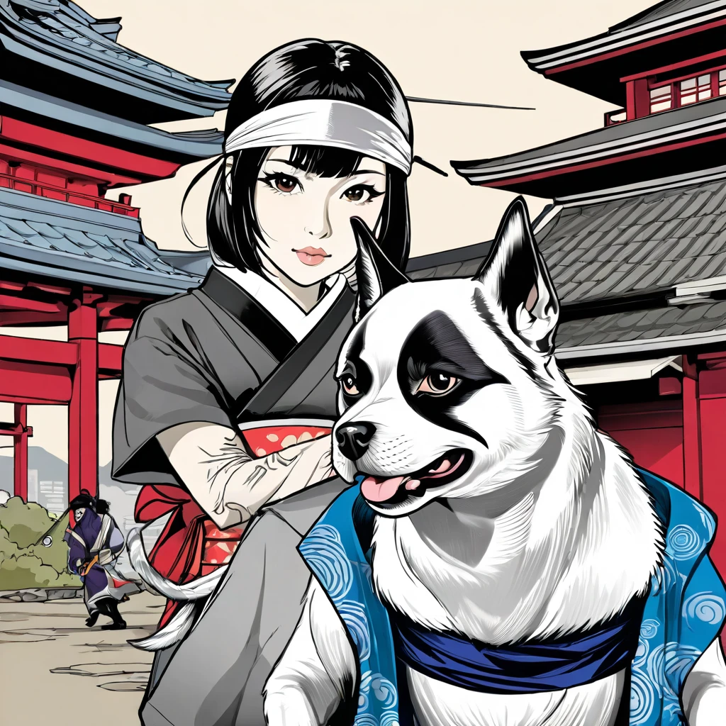 arte em tinta fina, comic style, portrait of japan, and cat ninja and Samurai dog terrier, Glamour de Osaka, bela arte de linha, comic style, manga style, manga art style, pencil and ink caricature drawing, coloring, , other positions, corpo inteiro. Japan Background, Samurai dog terrier and cat ninja, desenho colorido. Old japan sity in background