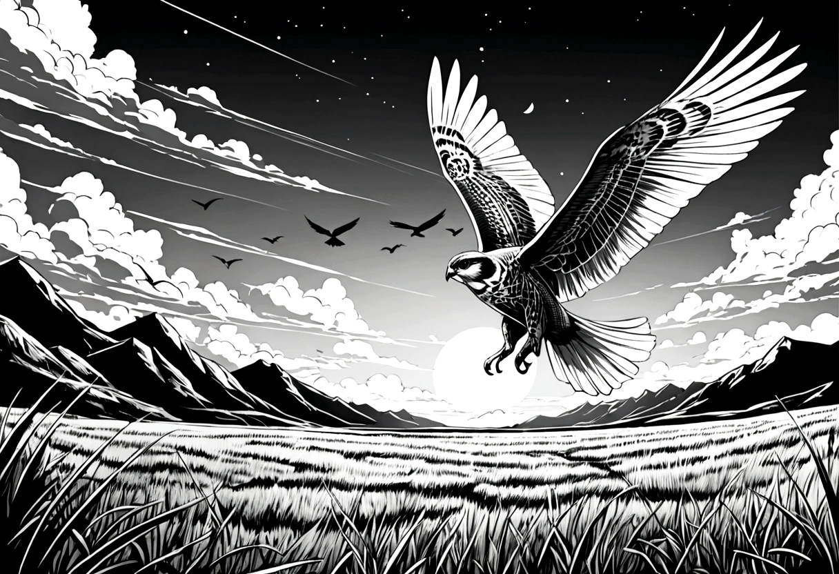 Bird&#39;s-eye view，grassland，Flying falcon，Black and white line drawing，Line Art
