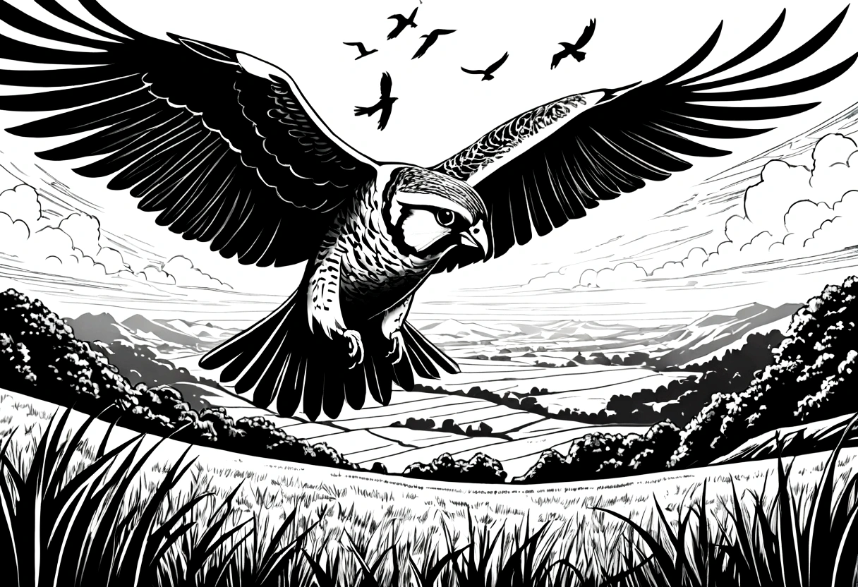 Bird's-eye view,grassland,Flying falcon,Black and white line drawing,Line Art