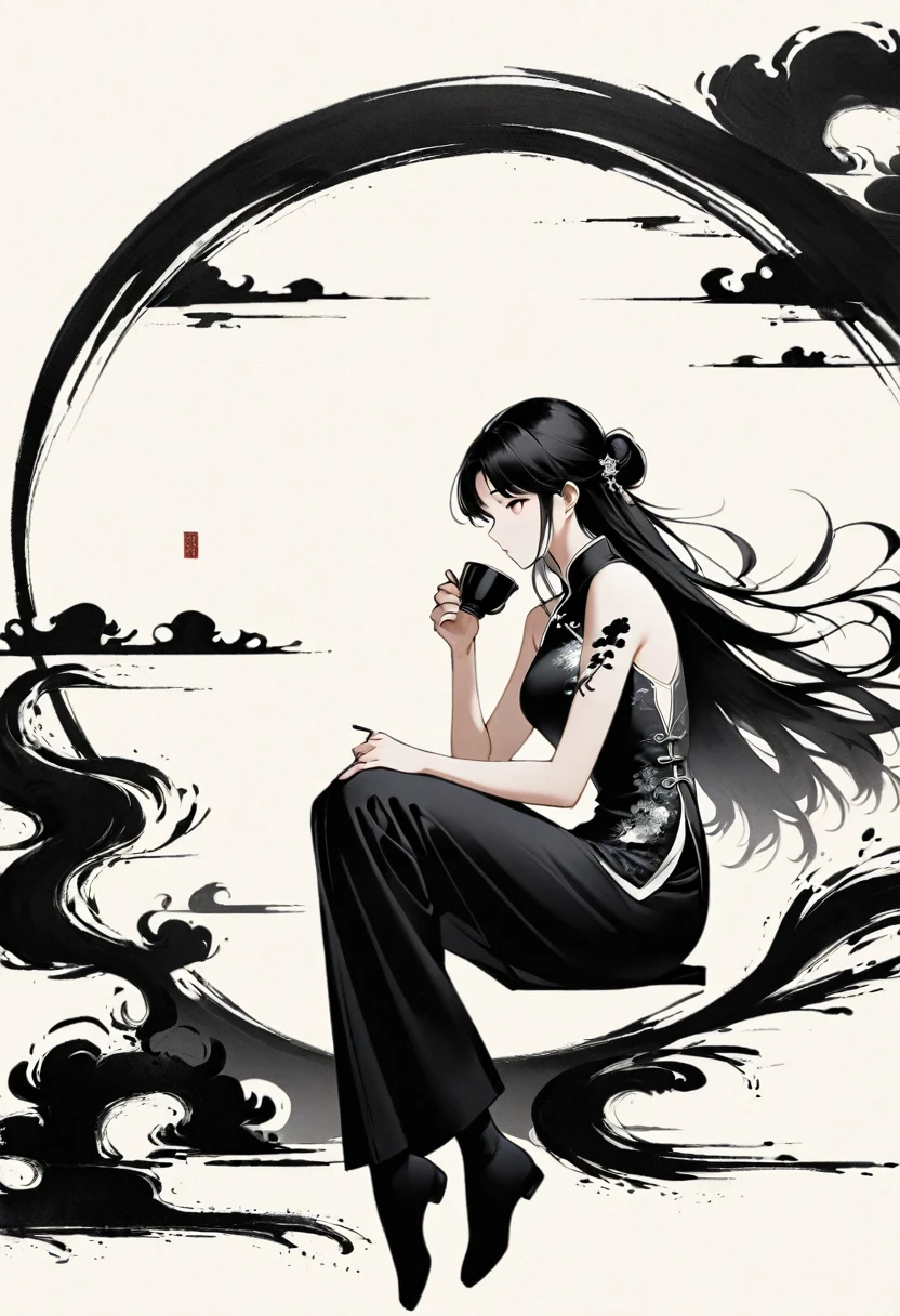 Artistic ink painting，Three-dimensional ink painting，Minimalism，Minimalist graphics，Minimal Art，Girl drinking tea，whole body，Chinese style，antiquity，Ink Painting，cheongsam，Black long hair，Black and white background，古韵White Space，White Space，大面积White Space，Texture Matte，Low saturation，Minimalist composition，Master composition