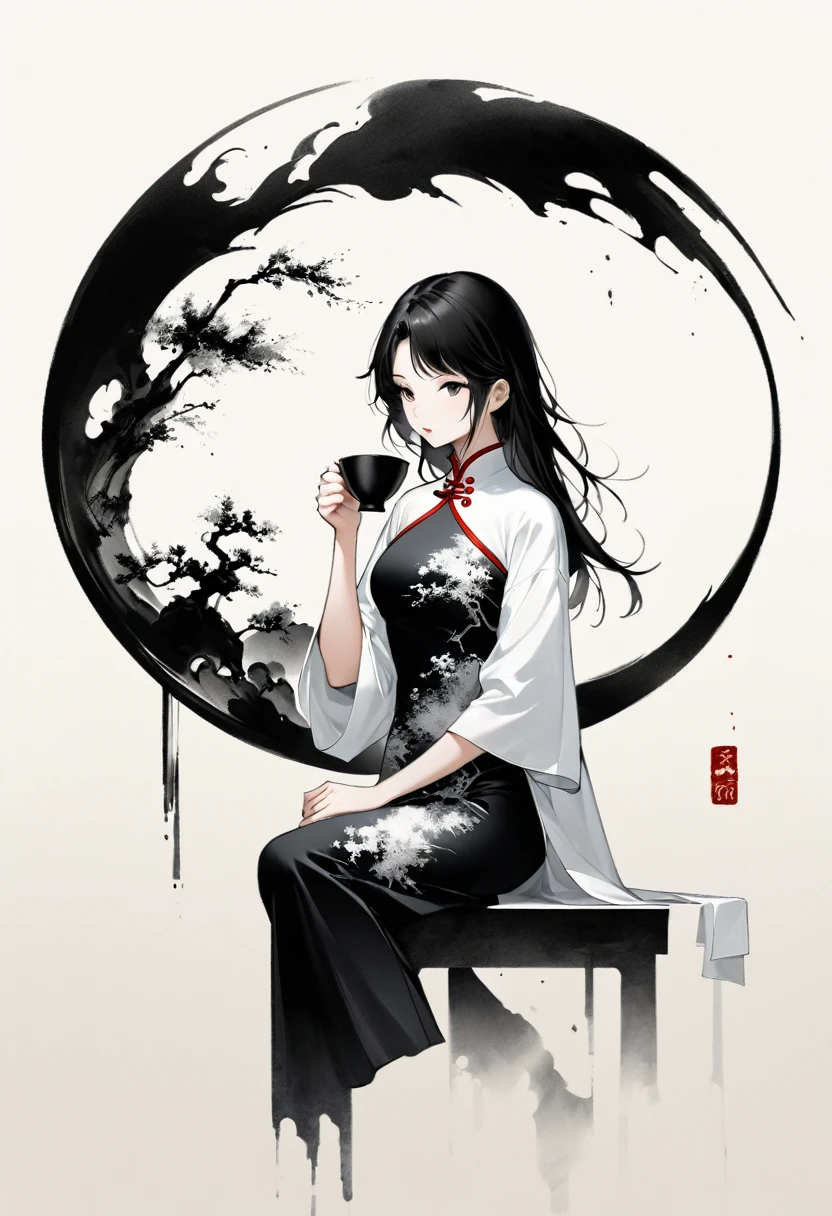 Artistic ink painting,Three-dimensional ink painting,Minimalism,Minimalist graphics,Minimal Art,Girl drinking tea,whole body,Chinese style,antiquity,Ink Painting,cheongsam,Black long hair,Black and white background,古韵White Space,White Space,大面积White Space,Texture Matte,Low saturation,Minimalist composition,Master composition