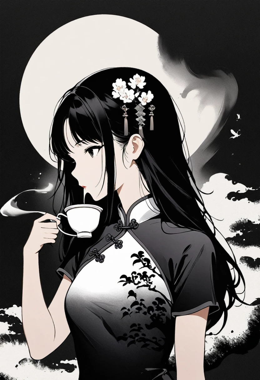Artistic ink painting,Three-dimensional ink painting,Minimalism,Minimalist graphics,Minimal Art,Girl drinking tea,whole body,Chinese style,antiquity,Ink Painting,cheongsam,Black long hair,Black and white background,古韵White Space,White Space,大面积White Space,Texture Matte,Low saturation,Minimalist composition,Master composition