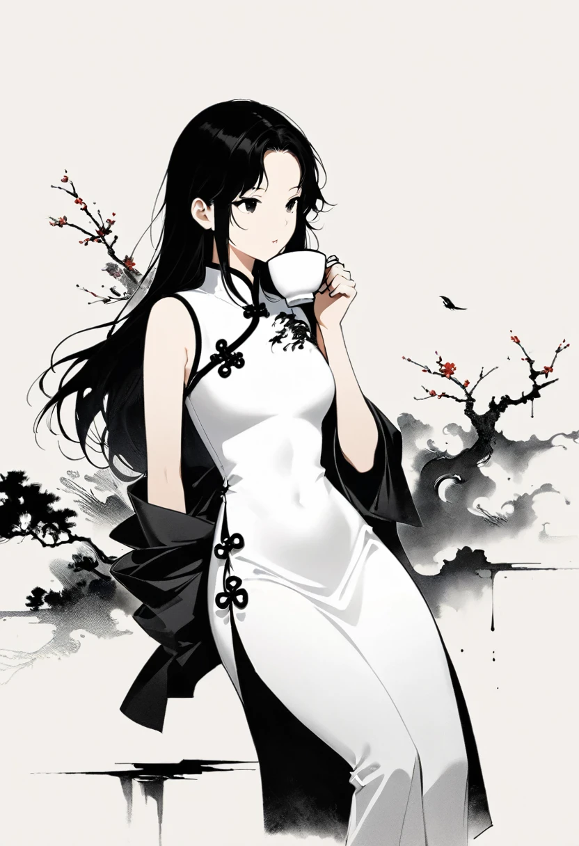 Artistic ink painting，Three-dimensional ink painting，Minimalism，Minimalist graphics，Minimal Art，Girl drinking tea，whole body，Chinese style，antiquity，Ink Painting，cheongsam，Black long hair，Black and white background，古韵White Space，White Space，大面积White Space，Texture Matte，Low saturation，Minimalist composition，Master composition