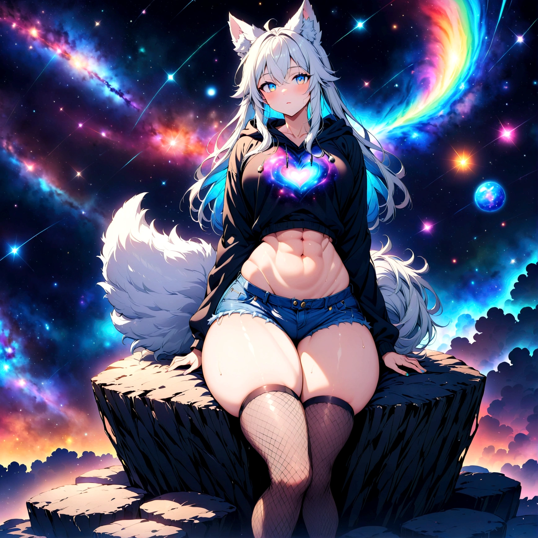 a cute adult male with wolf ears, long white hair, long locks, has a wolf tail, wearing a loose cropped black hoodie, wearing a pair of denim short shorts and fishnet stockings, thick thighs, wide hips, relaxing on mound of fluffy multi colored kawaii plushies, short, very slim, showing slender tummy, heart on hoodie, squishy thighs, has glowing blue eyes. alone, solo (ALONE)(SOLO), colorful galaxy backround