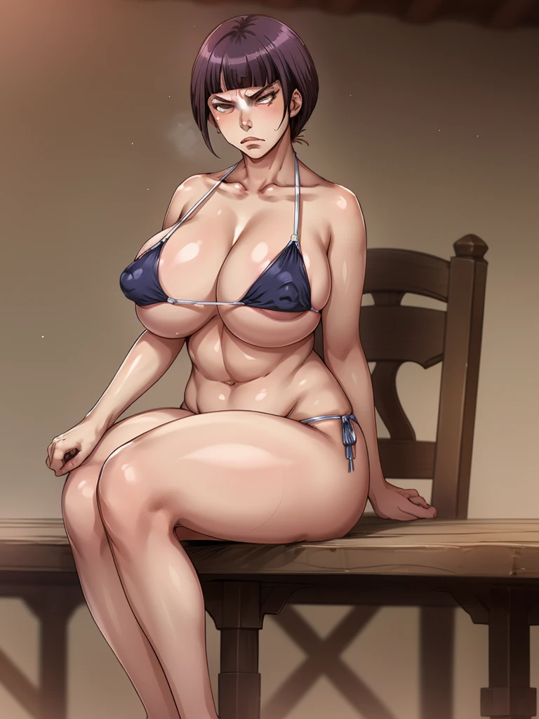 ((("1 woman alone" ))) gilf sexy robust body "itsuki shima", sensual bikini big breasts, thick thighs, saggy body nsfw ((("Sitting with angry expression"))) Full nsfw