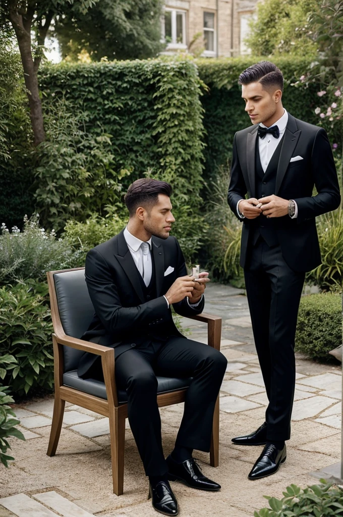 1 man sharing a ciggerate to another man while sitting on a chair * they are in a garden * wearing black suit * put them in  the middle of the photo *