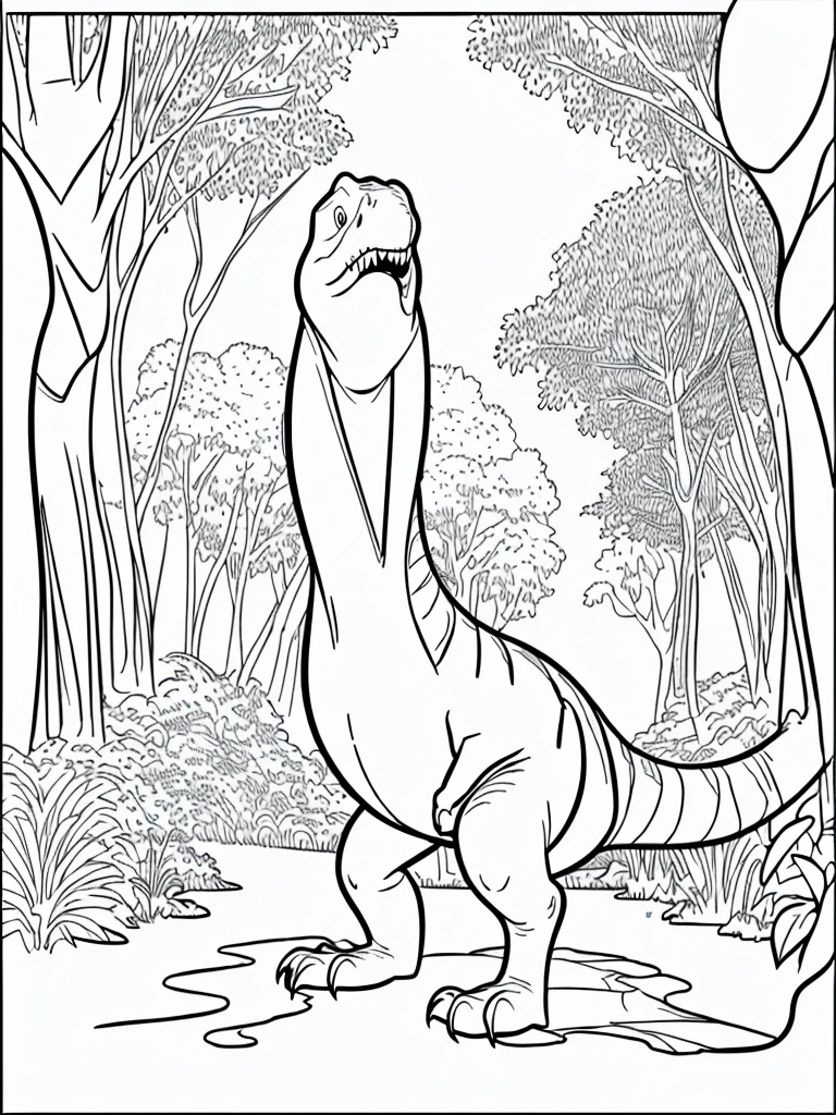 Coloring page of a dinosaur in the forest, cartoon style, thick lines, no color, white background, only strokes