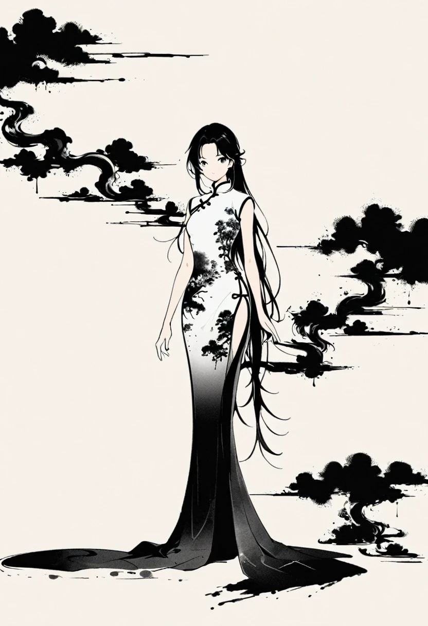 Artistic ink painting,Three-dimensional ink painting,Minimalism,Minimalist graphics,Minimal Art,Chinese anime girls,whole body,Chinese style,antiquity,Ink Painting,cheongsam,Black long hair,Black and white background,古韵White Space,White Space,大面积White Space,Texture Matte,Low saturation,Minimalist composition,Master composition