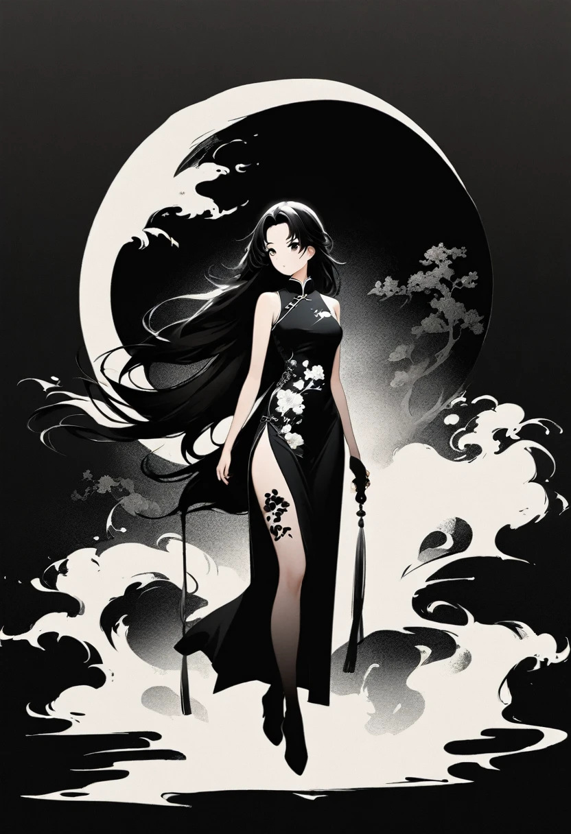 Artistic ink painting,Three-dimensional ink painting,Minimalism,Minimalist graphics,Minimal Art,Chinese anime girls,whole body,Chinese style,antiquity,Ink Painting,cheongsam,Black long hair,Black and white background,古韵White Space,White Space,大面积White Space,Texture Matte,Low saturation,Minimalist composition,Master composition