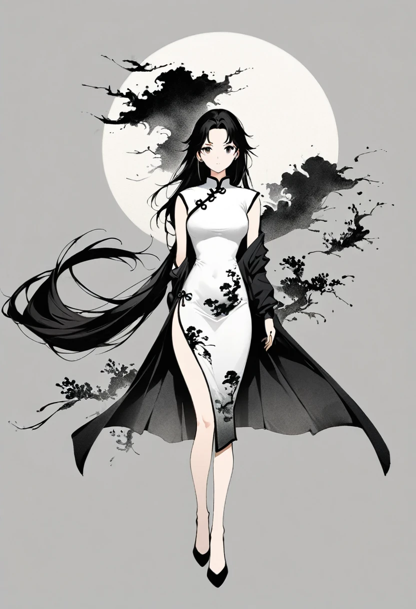 Artistic ink painting,Three-dimensional ink painting,Minimalism,Minimalist graphics,Minimal Art,Chinese anime girls,whole body,Chinese style,antiquity,Ink Painting,cheongsam,Black long hair,Black and white background,古韵White Space,White Space,大面积White Space,Texture Matte,Low saturation,Minimalist composition,Master composition