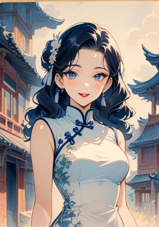 Vintage style, 1940s, 1 girl, Solitary, monochrome, Hair accessories, Cheongsam, a traditional Chinese costume, curls, traditional media, bangs, cosmetic, Black Hair, Lipstick, Lace gloves, sleeveless, Ancient buildings, Wooden construction, vintage, nostalgia, elegant posture, Smile, Shadows and Highlights，Subtle vintage grain。