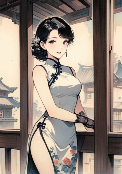 Vintage style, 1940s, 1 girl, Solitary, monochrome, Hair accessories, Cheongsam, a traditional Chinese costume, curls, traditional media, bangs, cosmetic, Black Hair, Lipstick, Lace gloves, sleeveless, Ancient buildings, Wooden construction, vintage, nostalgia, elegant posture, Smile, Shadows and Highlights,Subtle vintage grain。