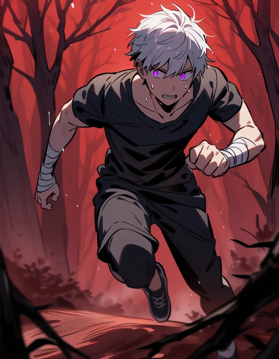 Greek boy with white hair, violet eyes, with bandaged wrists, sweating and running alone in a red forest with dead trees