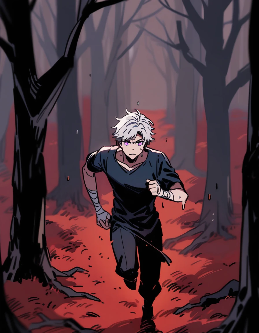 Greek boy with white hair, violet eyes, with bandaged wrists, sweating and running alone in a red forest with dead trees