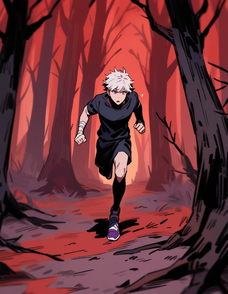 Greek boy with white hair, violet eyes, with bandaged wrists, sweating and running alone in a red forest with dead trees