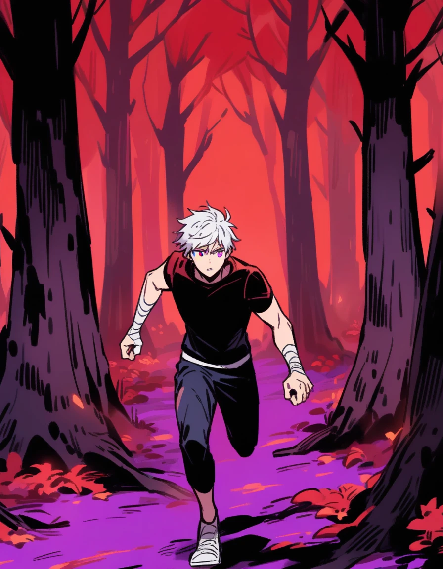 Greek boy with white hair, violet eyes, with bandaged wrists, sweating and running alone in a red forest with dead trees