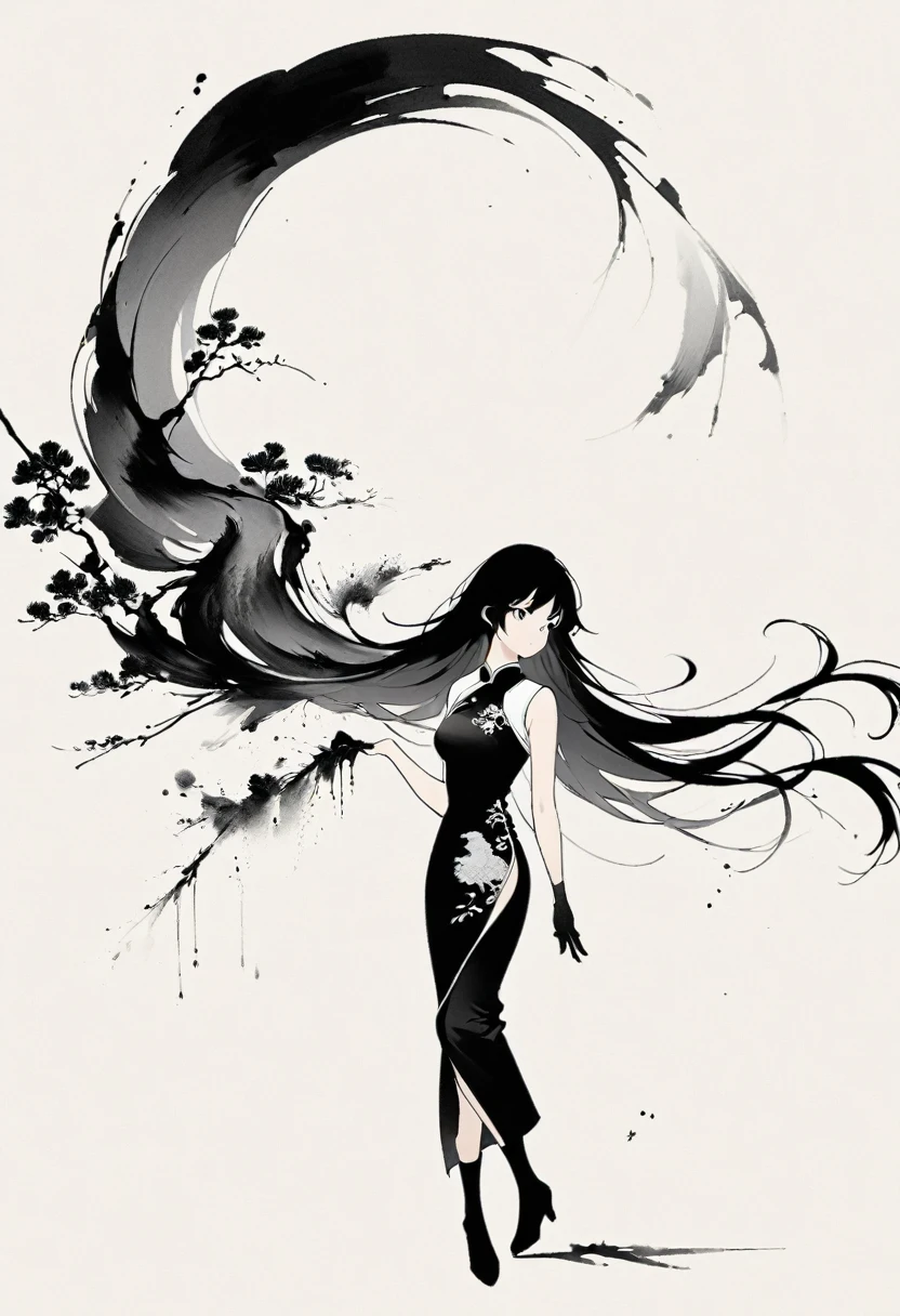 Artistic ink painting,Three-dimensional ink painting,Minimalism,Minimalist graphics,Minimal Art,Chinese anime girls,whole body,Chinese style,antiquity,Ink Painting,cheongsam,Black long hair,Black and white background,古韵White Space,White Space,大面积White Space,Texture Matte,Low saturation,Minimalist composition,Master composition