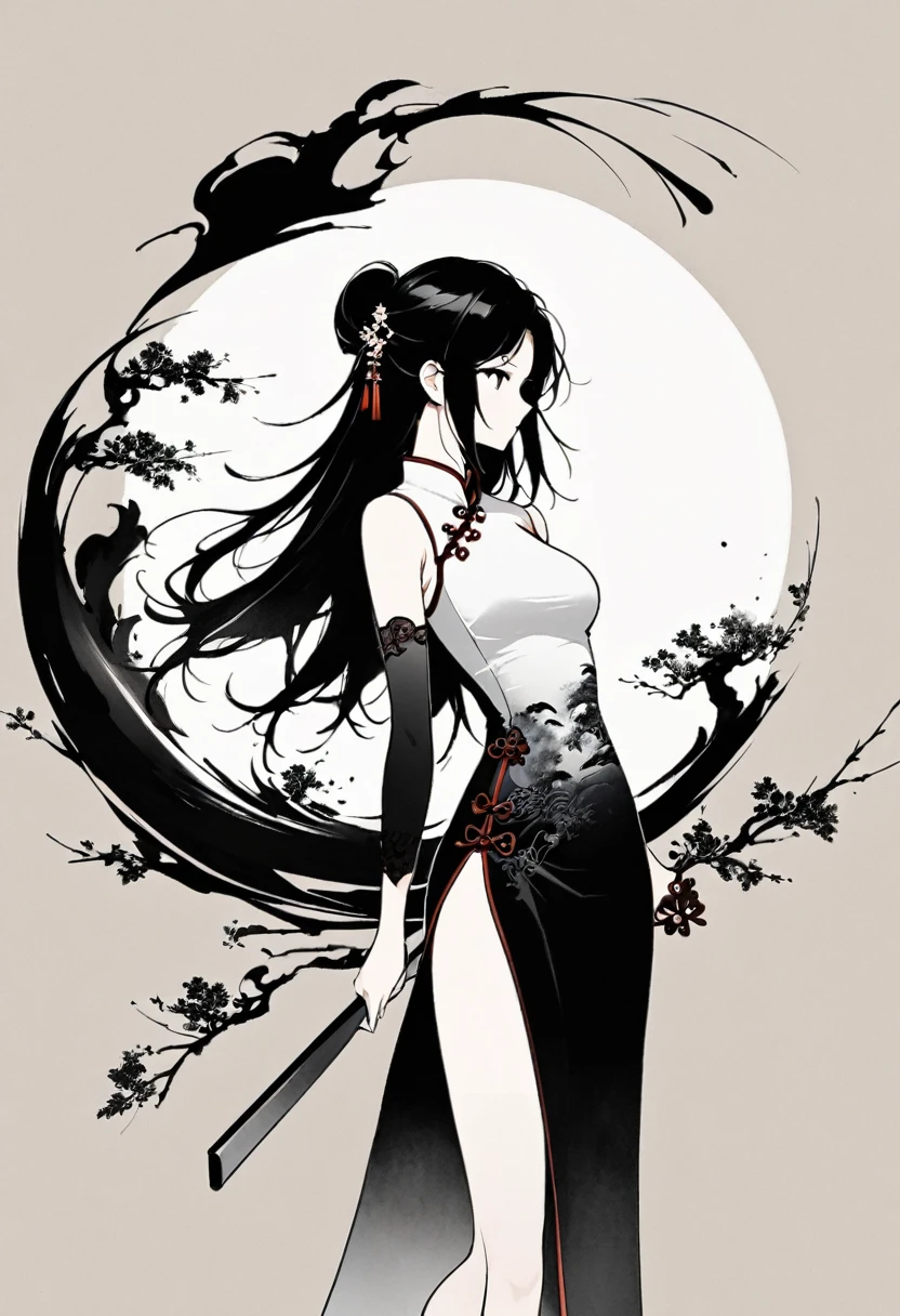Artistic ink painting,Three-dimensional ink painting,Minimalism,Minimalist graphics,Minimal Art,Chinese anime girls,whole body,Chinese style,antiquity,Ink Painting,cheongsam,Black long hair,Black and white background,古韵White Space,White Space,大面积White Space,Texture Matte,Low saturation,Minimalist composition,Master composition