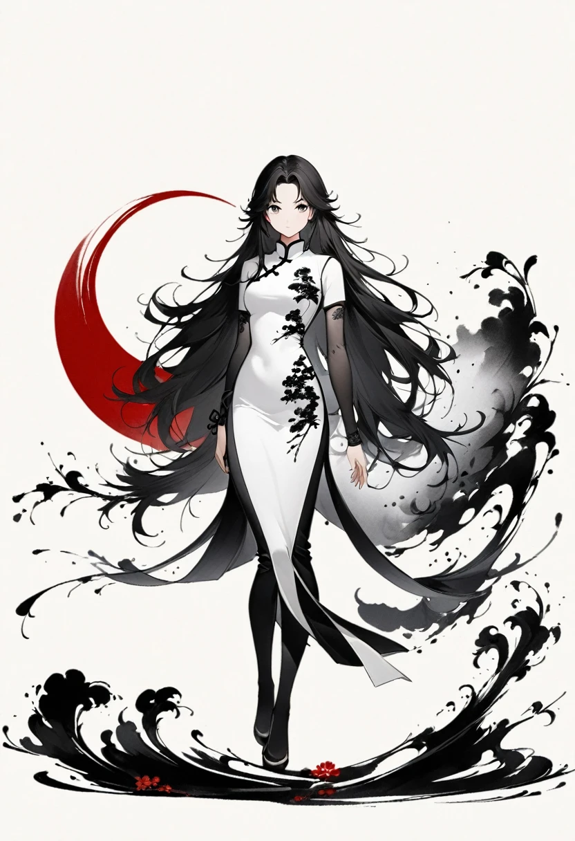 Artistic ink painting，Three-dimensional ink painting，Minimalism，Minimalist graphics，Minimal Art，Chinese anime girls，whole body，Chinese style，antiquity，Ink Painting，cheongsam，Black long hair，Black and white background，古韵White Space，White Space，大面积White Space，Texture Matte，Low saturation，Minimalist composition，Master composition