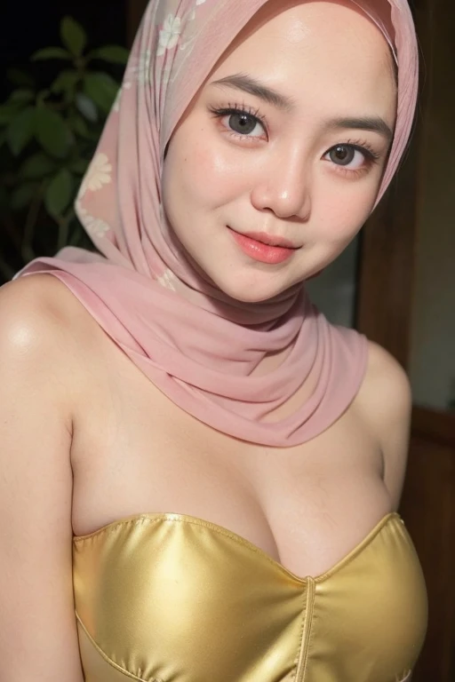 ((Lace)), (Happy smile), (((HIJAB MALAY GIRL))), masutepiece, High quality, UHD 32K, Realistic face, Realistic skin feeling , A Japanese Lady, 58 years old lady, , Very cute and baby-like face, (((FLAT CHEST))), (Night time at forest), ((look In front  at the camera and SADNESS)), (((GOLD FLUORESCENT))), (((CUTE GIRL))), ((GOLD FLUORESCENT LIPS)), ((Floral Pattern)) little wearing strapless bra, strapless colorful bra, dark night background , black forest night, horror scary place, (huge saggy breast), ((HEAVY HUGE BREASTS)), (from behind up) seductive pose