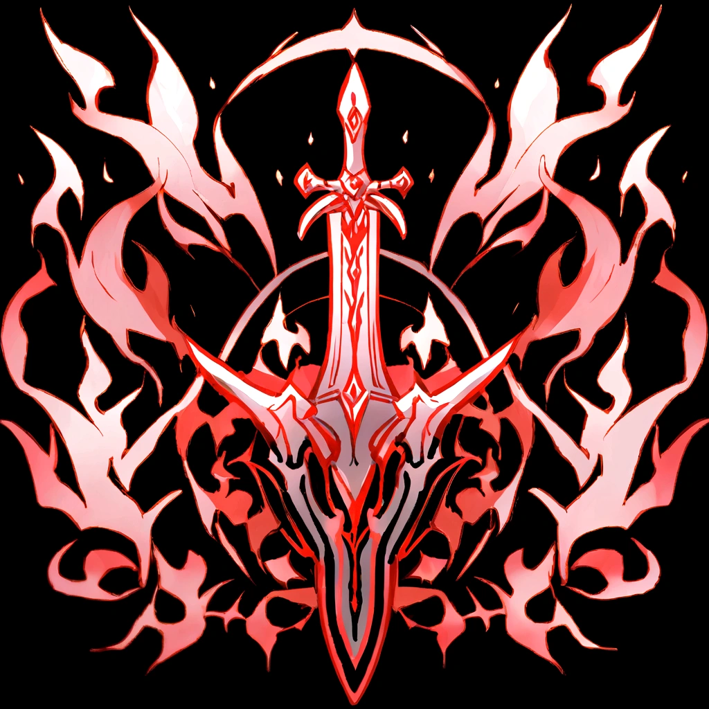 （UI interface design for game achievement badges），silver sword，Flat 2D effect，flames,Sword and magic, color red, black background