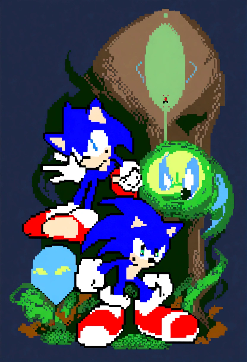 Pixel art of Sonic and Shadow from the game Sonic, They put guns to each other's heads, They are enemies, Cool graphics, blackw, rot, blues colors, detailed artwork,