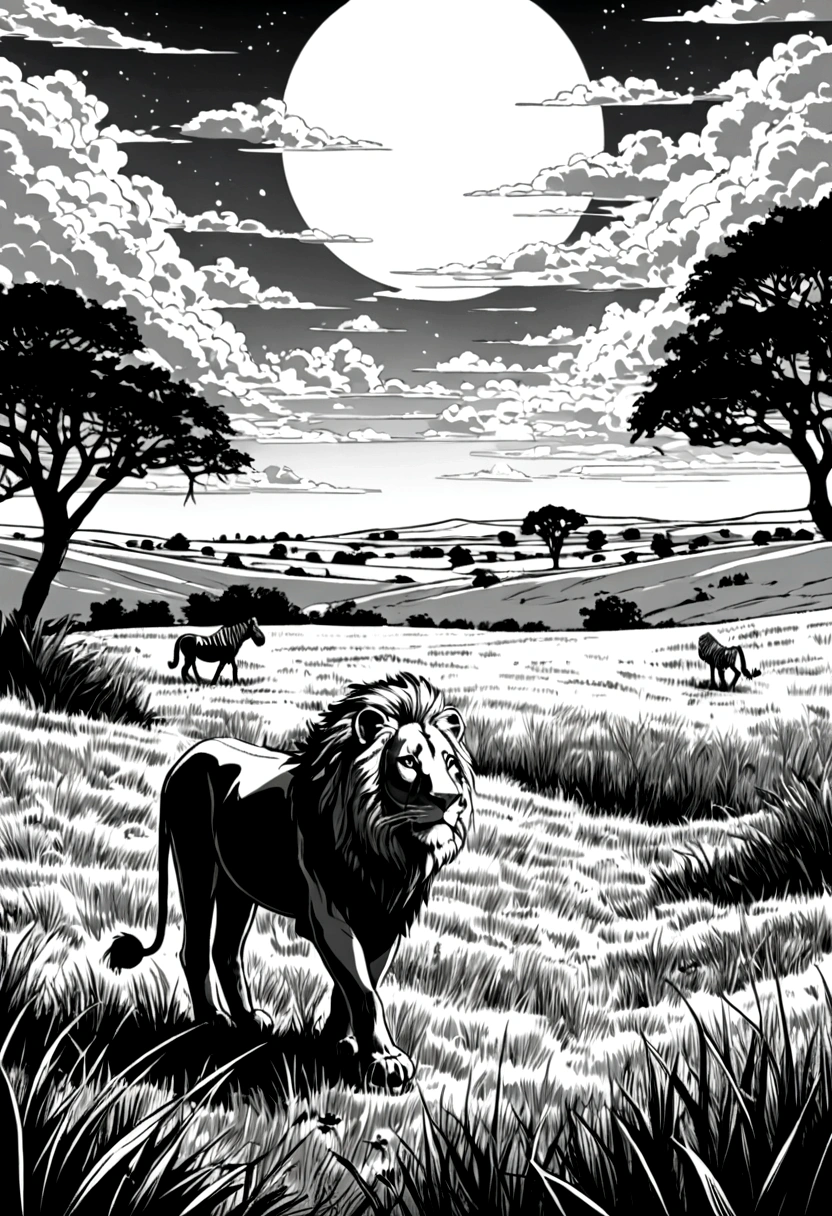 grassland，Lion hunting zebra，Black and white line drawing，Line Art