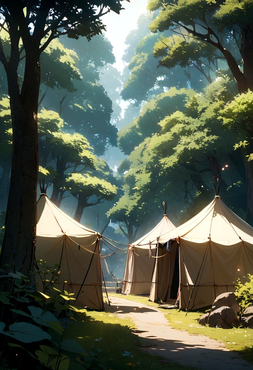 Tent houses surrounded by lively trees