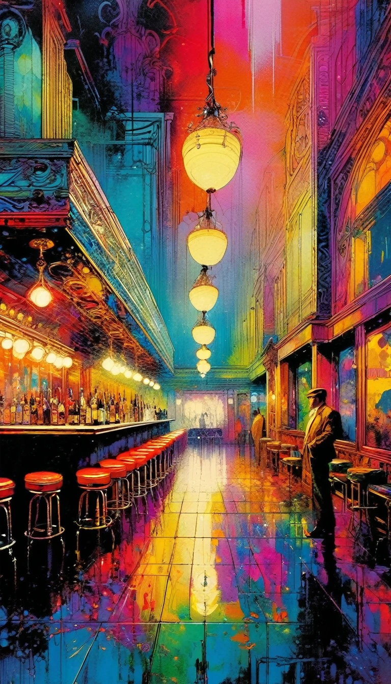 club, artwork inspired by Bill Sienkiewicz, vivid colors, intricate details, oil.
