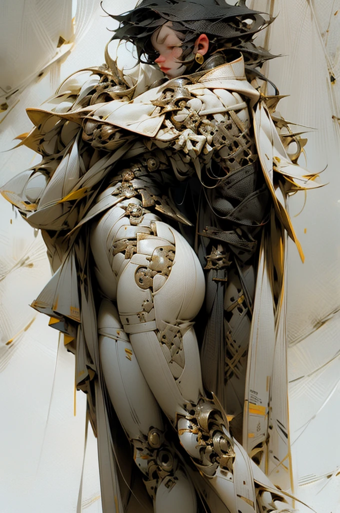 Female Assassin Yellow and white Cloth design, detailed fabrics, Whole Body, on white background (natural skin texture, hyperrealism, soft light, sharp)