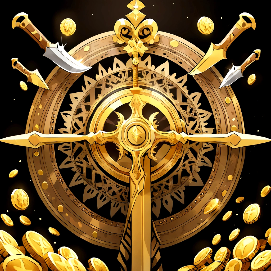 (UI interface design for game achievement badges),silver knife,Flat 2D effect,coins,Sword and magic, color yellow, black background