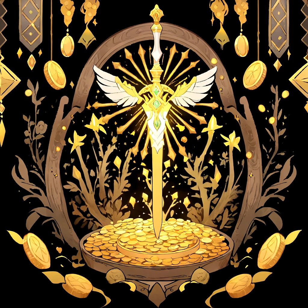 (UI interface design for game achievement badges),silver knife,Flat 2D effect,coins,Sword and magic, color yellow, black background